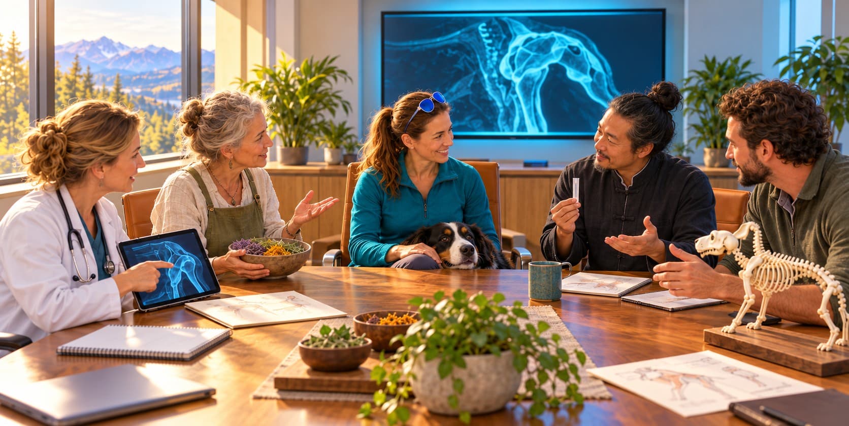 Illustration of a treatment-planning session in which a conventional veterinarian, an herbalist, an acupuncture practitioner, and a chiropractor discuss options with a pet owner and her dog seated at the center of the table.